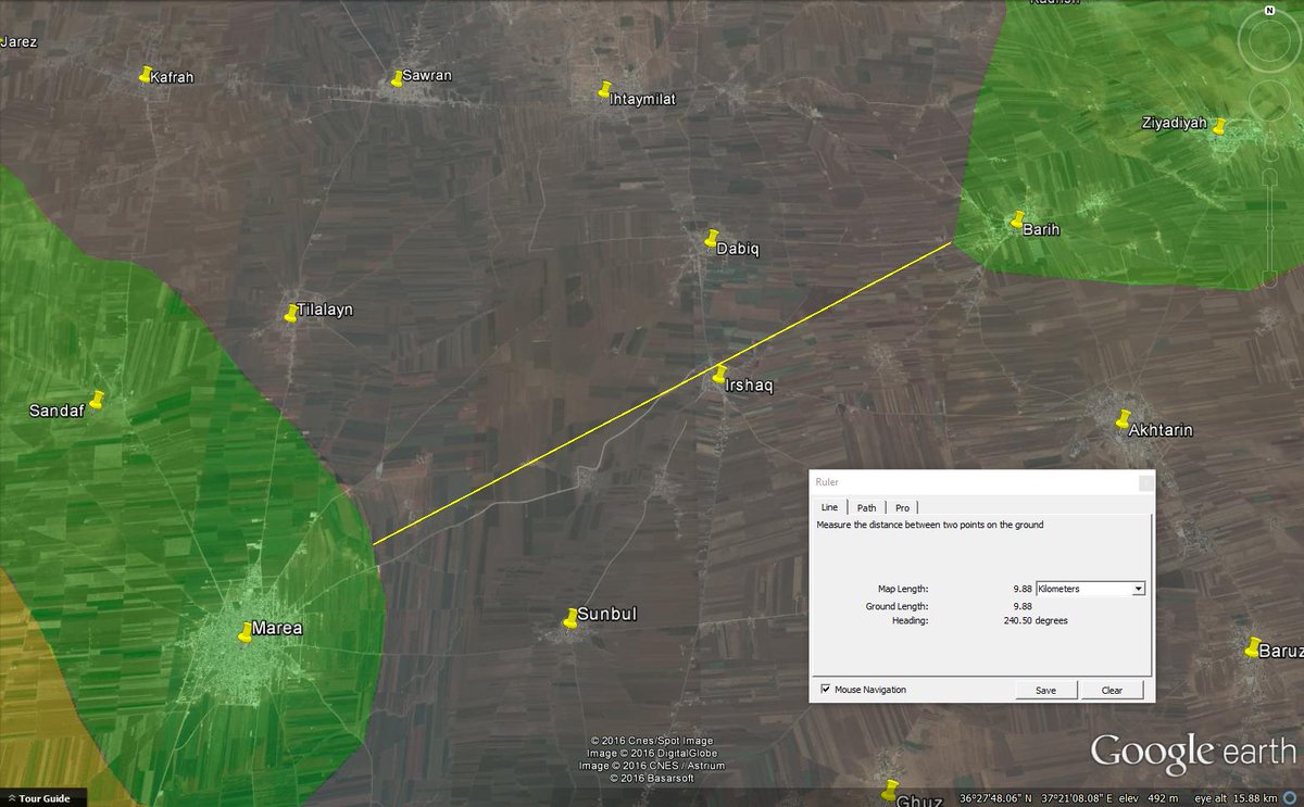 Tendar's tweet photo. The FSA positions between #Marea and #Barih are less than 10km away from each other. #Aleppo #Syria https://t.co/XOXeu11l6B