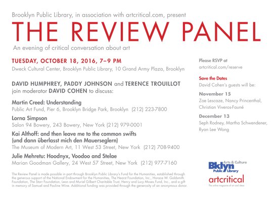 artwritingSVA's tweet photo. Mark your calendars! Oct 18! #TheReviewPanel hosted by @ac_eds @artcritical & @BKLYNlibrary ft. alum @tb_trouillot https://t.co/2ZeD3VaTPS https://t.co/F5t2o2eqd3