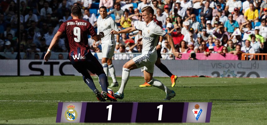 realmadrid's tweet photo. FP: @realmadrid 1-1 @SDEibar (@GarethBale11 17'; Fran Rico 6').

#RMLiga #HalaMadrid https://t.co/42XCiTJYc5