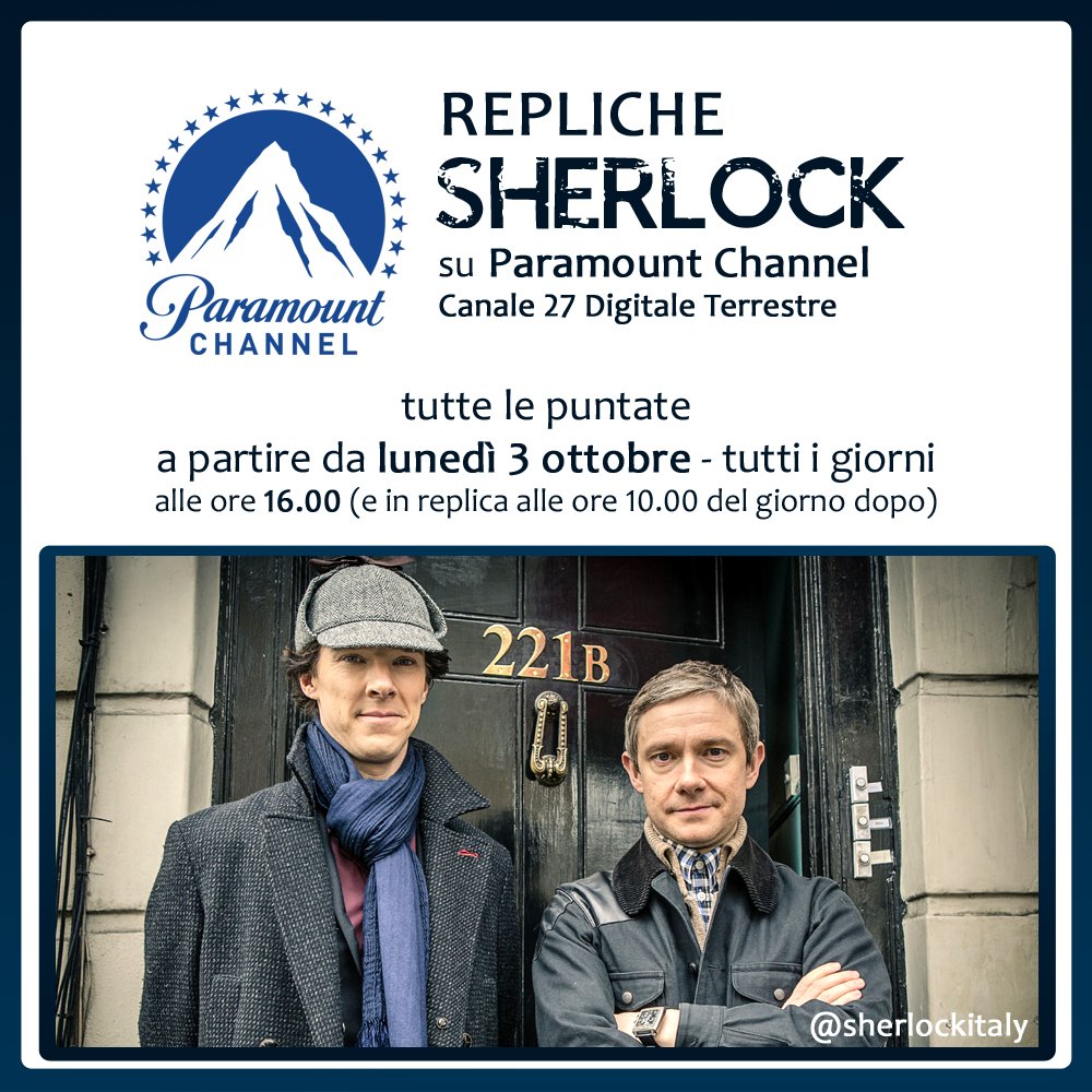 sherlockitaly's tweet photo. Da domani, 03/10 alle 16.00,@ParamountItalia manderà in onda tutte le puntate,una a pomeriggio(in replica il gg dopo alle 10.00) #Sherlock https://t.co/LsVFnrIK76