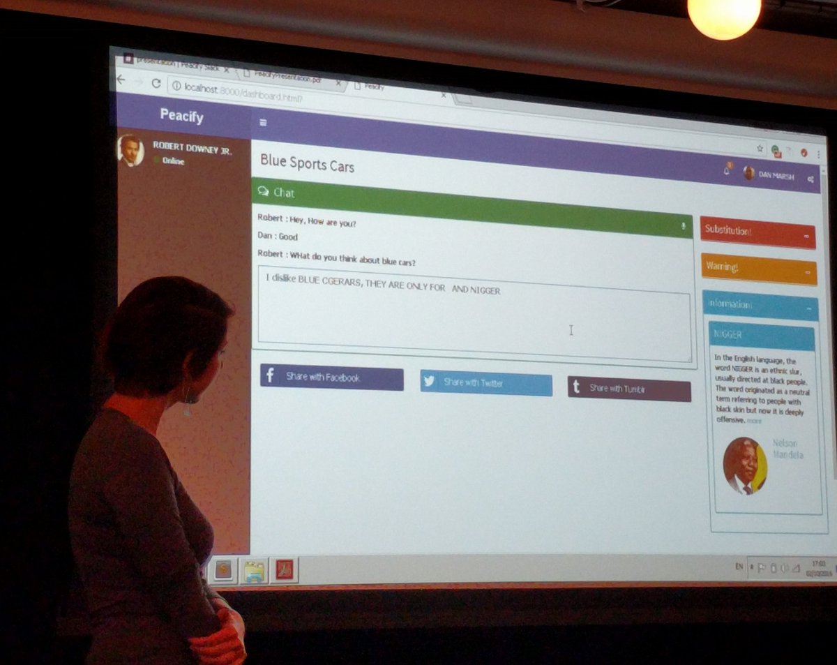 hazel_ho's tweet photo. #Peacify - identify hate words and provide alternatives. "We can't eradicate hate speech but we can help educate ppl" #PeacehackLDN https://t.co/VAjfTIxDo9