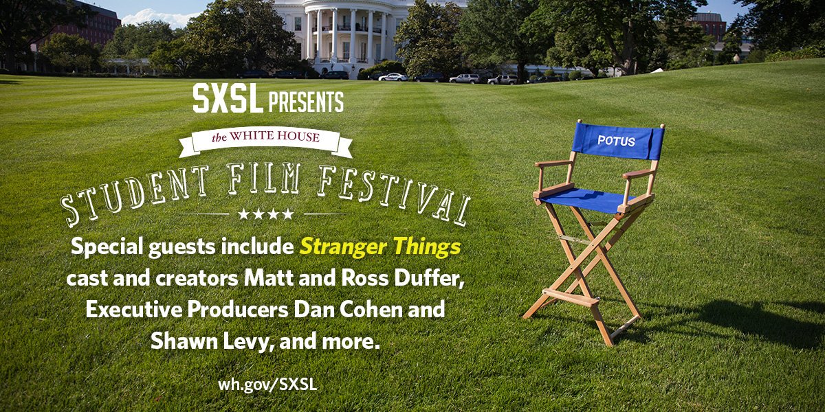 ObamaWhiteHouse's tweet photo. Today @Stranger_Things cast, creators and executive producers join us for the 3rd annual #WHFilmFest. Tune in: https://t.co/jEOCgtcm8s https://t.co/1HhqZIJFYg