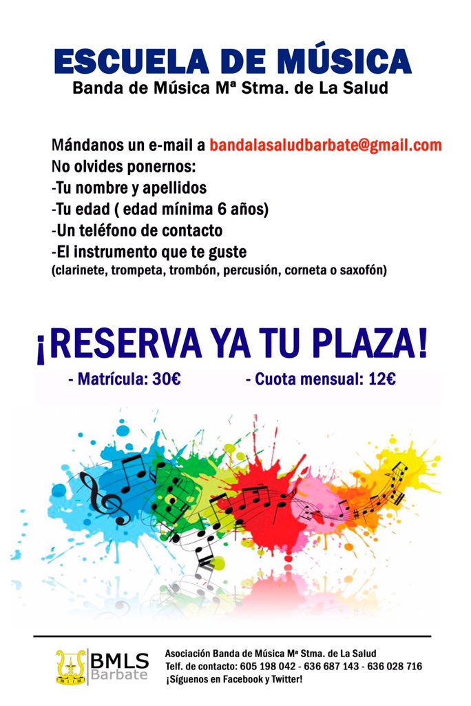 ¡Por fin estrenamos Escuela de Música! 
¡RESERVA YA TU PLAZA Y...
... SALUD!