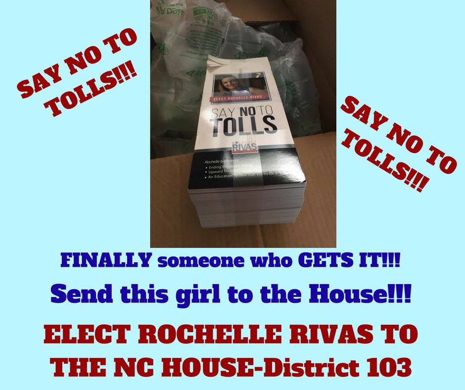 NCTWEETY70's tweet photo. SAY NO TO TOLLS @mbarberWSOC9 @theobserver @wsoctv @WNCN @statesville
@ABC11_WTVD @RaleighReporter @wnct9 @wcti12 @WFMY #ElectRochelleRivas https://t.co/al2SYEvu8k