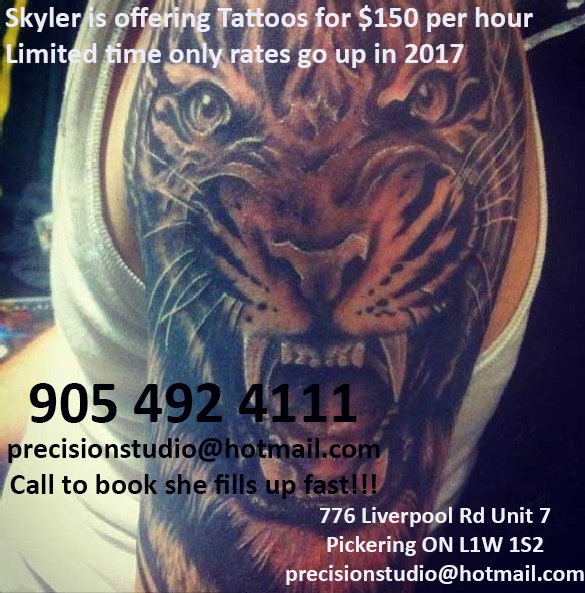 PrecisionStupic's tweet photo. Skyler is offering #tattoos for $150 per hour come and see her in #pickering #ontario #canada 776 liverpool #7 905 492 4111 Precision Studio https://t.co/AB7AorVsq9