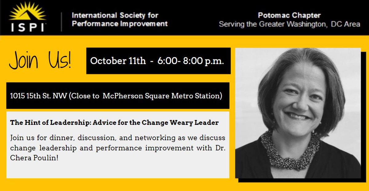 ISPIPotomacChap's tweet photo. Are you ready for our October event? Registration is open! https://t.co/GmzbG2VgjJ #ispidc #ispi #changeleadership #hpt #dcprofessionals https://t.co/sQvzyhWN5r