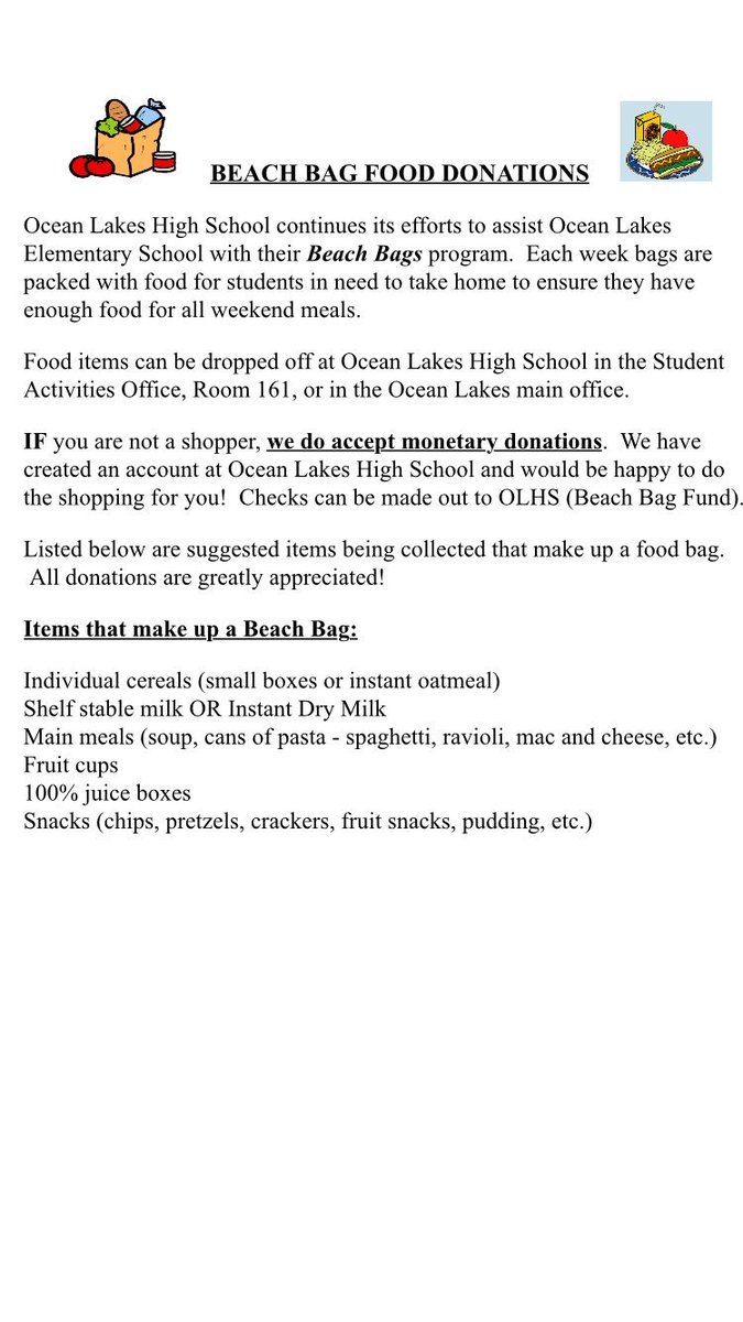 olhsactivities's tweet photo. Please support Ocean Lakes with the Beach Bags project. Food items can be delivered to the Student Activities Office! @OceanLakesHS https://t.co/sHUHyUYBZh