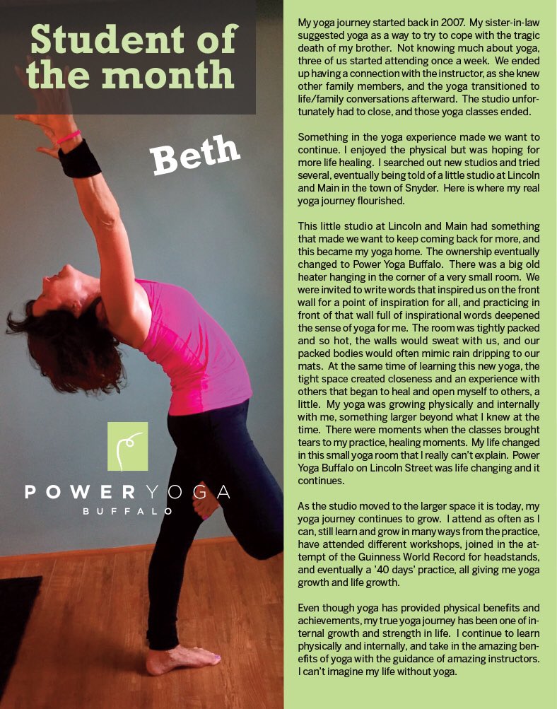 PowerYogaBflo's tweet photo. STUDENT OF THE MONTH, Snyder:) @PowerYogaBflo, Beth Smith, been with us from the beginning... https://t.co/vTz9DEI8EA