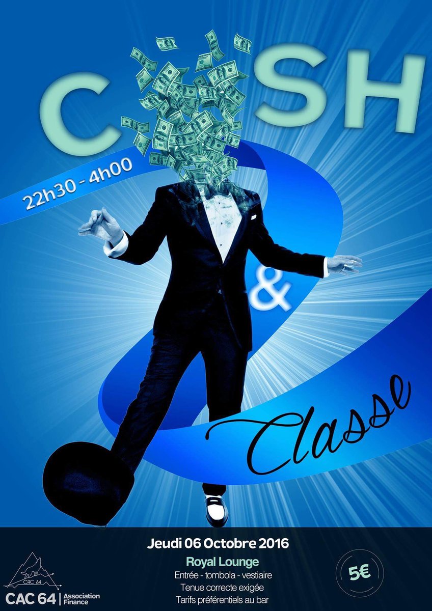 CAC_64's tweet photo. Soirée jeudi au @RoyalLoungepau ! Rendez vous à 22h30 @GroupeESCPAU ! #cac64 #party #cash #class https://t.co/2jDmtBY1Cp