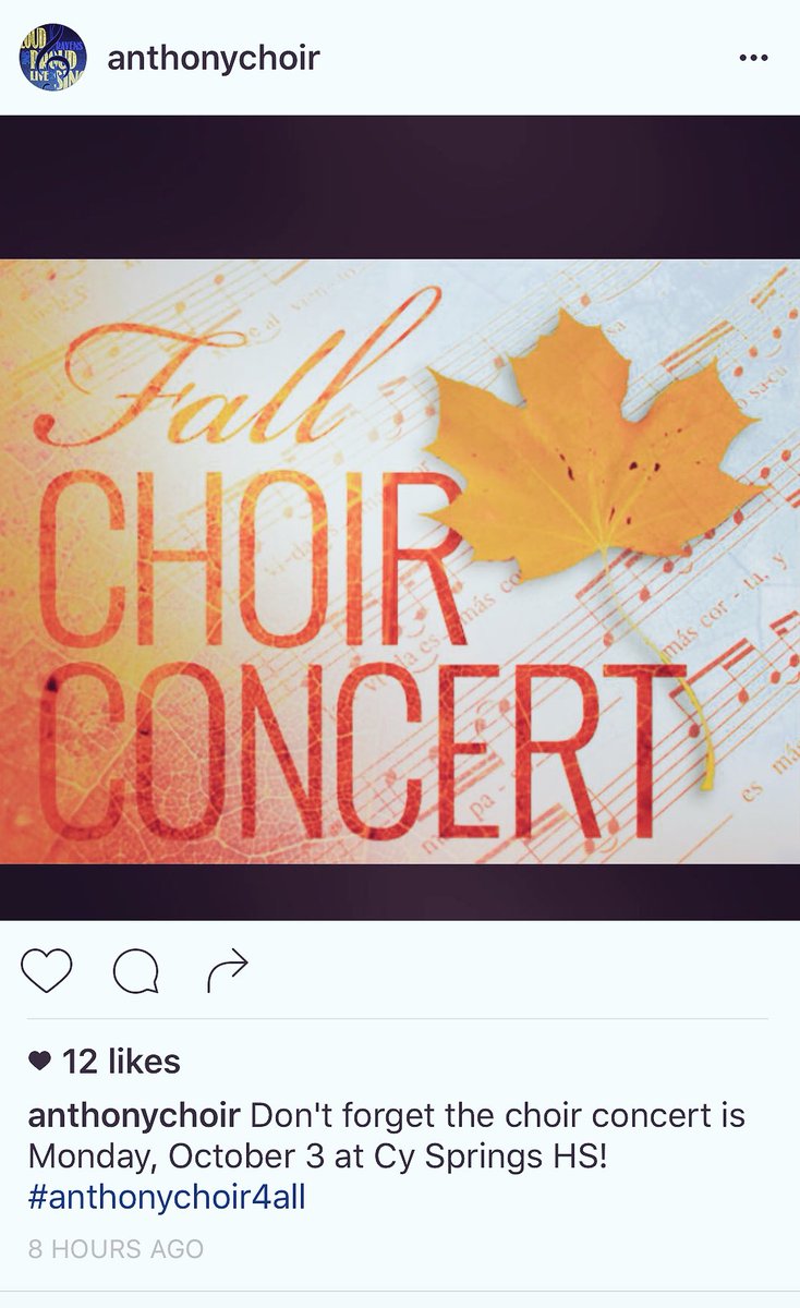 AnthonyChoir's tweet photo. Fall Concert happening tomorrow! Come hear some great singing 🎶😀 #anthonychoir4all #opportunity4all #cfisd4all https://t.co/poFui6Pxn1