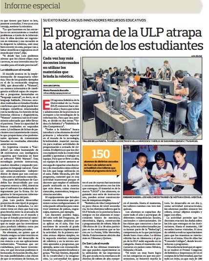 ULPSanLuis's tweet photo. #Robótica de la #ULP es noticia hoy en @ElDiariodelaRep #RoboCup2016 #TalleresdeAltaCompetencia #TodosaLaRobótica #SanLuisModelo https://t.co/rsz8k7QZQs