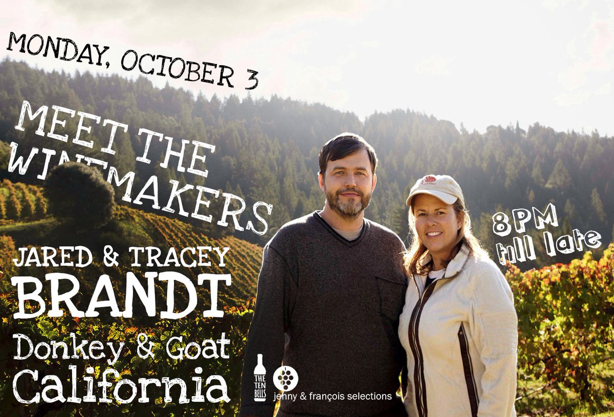 TOMORROW!
#MeetTheWinemakers Jared and Tracey Brandt! Donkey &amp; Goat, California. 8pm till late. <a href="/JennyFrancois/">Jenny & François</a> <a href="/donkeyandgoat/">Donkey & Goat Winery & Tasting Room</a> #tenbellsnyc