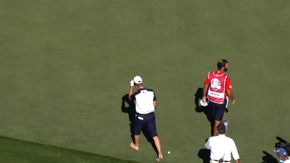 surrender_cobra's tweet photo. Jordan Spieth goes in the hazard, concedes match with shoeless #SurrenderCobra. #RyderCup https://t.co/7xT7Vh6mXc