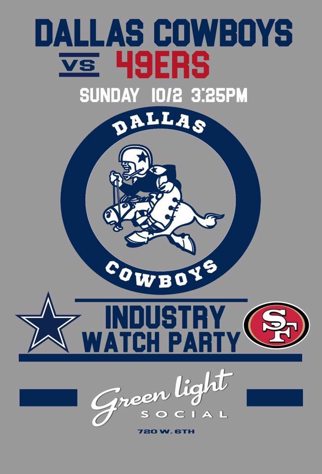Come watch the <a href="/dallascowboys/">Dallas Cowboys</a> take on <a href="/49ers/">San Francisco 49ers</a> at Green Light Social this afternoon! #do512 #sundayfootball #atx
