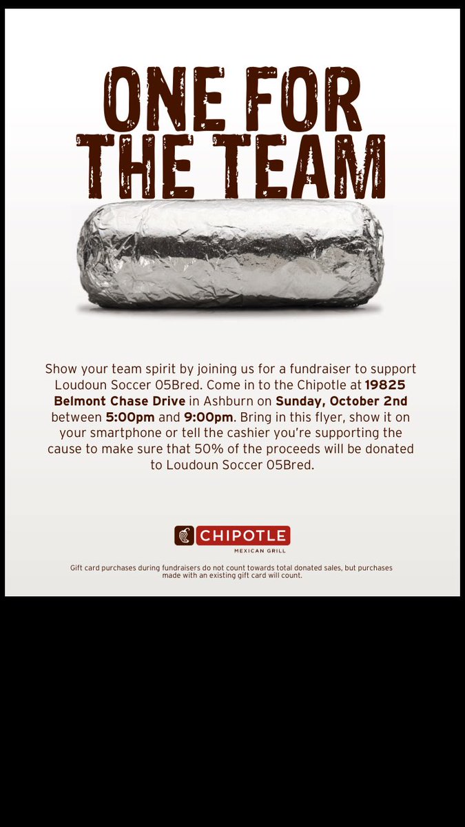 AWHsoccermom's tweet photo. Anyone Hungry??? Eat at Chipotle and Support soccer!
#repthered #05bRed #nocookingnocleaning https://t.co/saTzRKEJqW