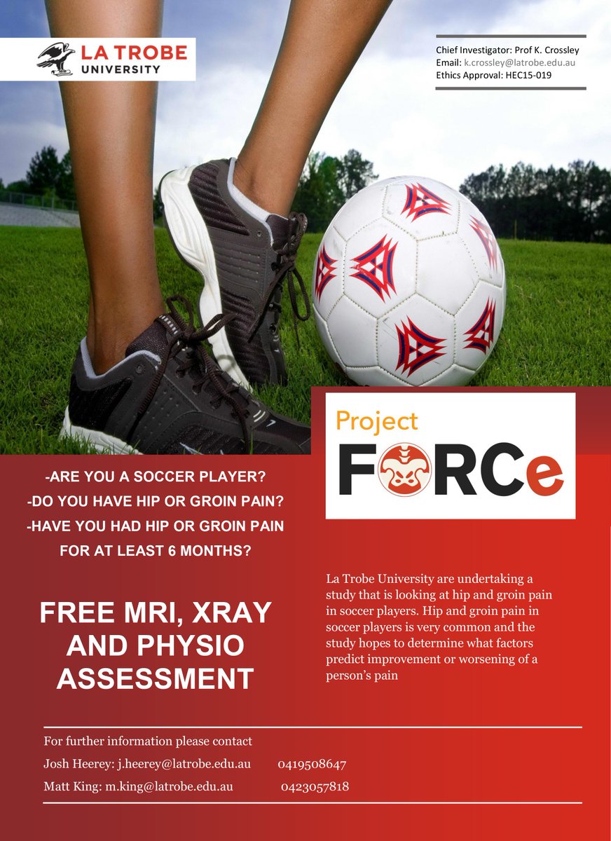 FORCe (@fai_cohort) on Twitter photo Calling all soccer players with hip or groin pain. Wee need you. <a href="/LaTrobeSEM/">La Trobe SEMRC</a> <a href="/JHeerey/">Dr Joshua Heerey</a> <a href="/CornerFlagOz/">The Corner Flag</a> <a href="/CoachFoulds/">Steve Foulds🇦🇺MHPS,GCHE,BSpC</a> <a href="/FFA/">Football Aus</a> Calling all soccer players with hip or groin pain. Wee need you. <a href="/LaTrobeSEM/">La Trobe SEMRC</a> <a href="/JHeerey/">Dr Joshua Heerey</a> <a href="/CornerFlagOz/">The Corner Flag</a> <a href="/CoachFoulds/">Steve Foulds🇦🇺MHPS,GCHE,BSpC</a> <a href="/FFA/">Football Aus</a>