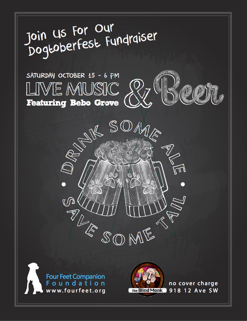 TWO WEEKS until our pub night #Dogtoberfest! Join us Sat, Oct 15 @BlindMonkPub - $5 beer, music from @BeboGrove, silent auction, 50/50! #yyc