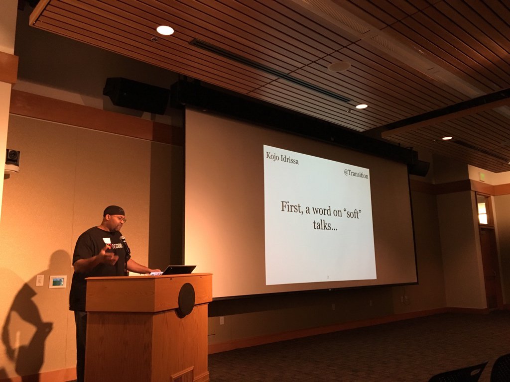 phildini's tweet image. Kojo @Transition Idrissa laying down truth on the importance of “soft” talks. Volunteers make community, conferences, and the code! #PyDX