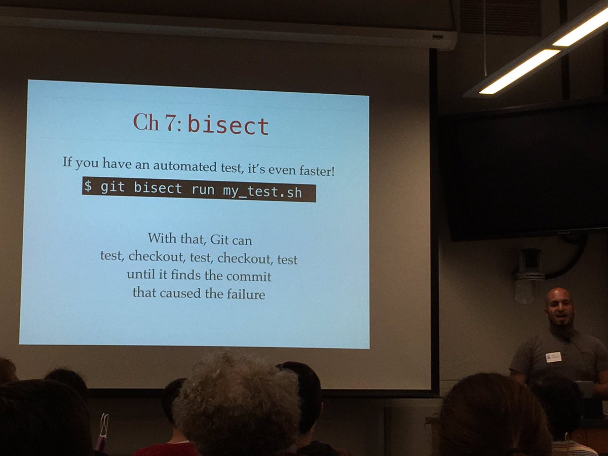 rebekahgolden's tweet image. Git bisect assists with a binary search of a commit tree to find when errors were introduced. Automated! #PyDX