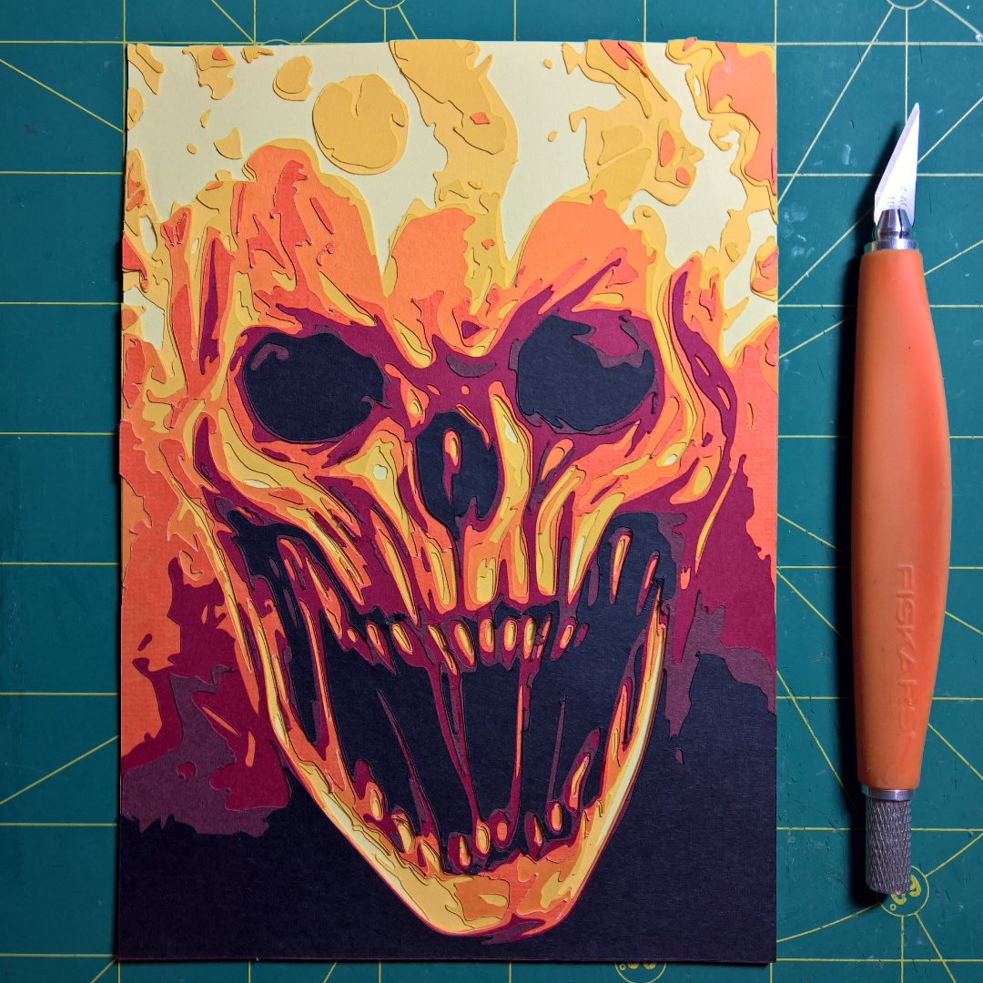 papergizmo's tweet photo. Papercut ✂ 5x7 portrait of #GhostRider. / I used 8 layers for this #papercutting project. https://t.co/JRuuMZANSN