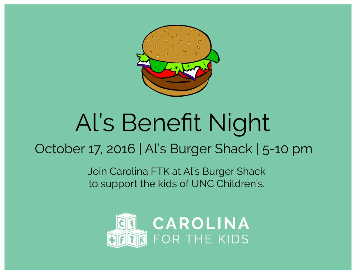 carolinaftk's tweet photo. Don't forget to join us for tonight's benefit night @alsburgershack . Stop by any time from 5 to 10 p.m.! #FTK https://t.co/uWuv027CWM