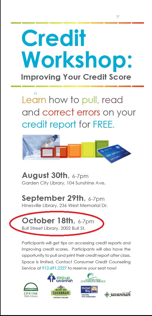 CCCS_Savannah's tweet photo. Don't miss our last class in the #CreditWorkshop Series tomorrow 6-7pm @liveoakplga Bull Street Library, 2002 Bull St. #MondayMotivation https://t.co/B764ldJPeN