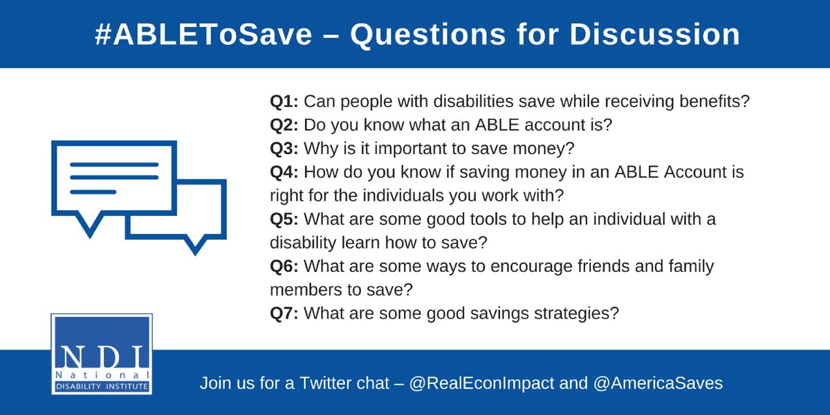 TODAY at 3 PM, we'll be talking w/ <a href="/AmericaSaves/">America Saves</a> about how #PWD can save money. #ABLEToSave Questions to consider → bit.ly/2didhUh