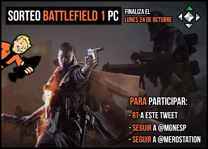 Sorteamos una key de Battlefield 1 para PC. Para poder participar:

- Seguir a <a href="/MGNesp/">MGN en Español</a> y a <a href="/MeroStation/">MeroStation</a> 

- RT a este tweet 🐟

¡Suerte!