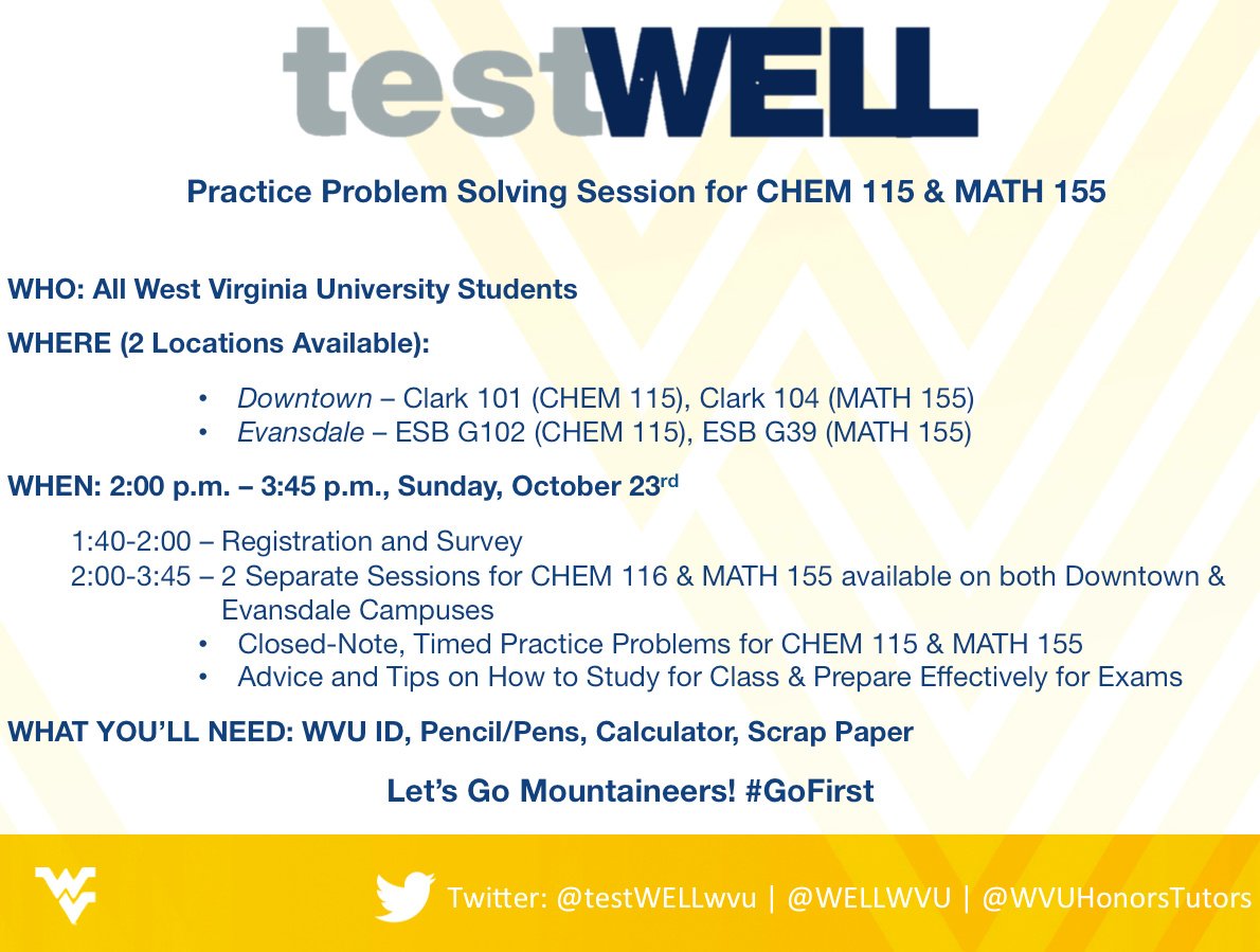testWELLwvu's tweet photo. Sunday, we will have free reviews for CHEM 115 &amp; MATH 155 on both Downtown &amp; Evansdale campuses. Open to all WVU students! https://t.co/9saGWlcabE