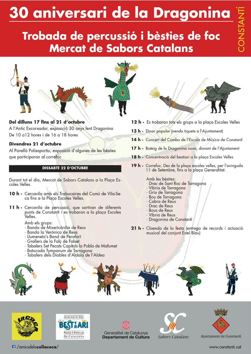 El dissabte 22 d'octubre <a href="/lacabradereus/">la cabra de reus</a> i <a href="/DracReus/">Drac de Reus</a> cap a Constantí per celebrar els 30 de la Dragonina <a href="/amicscoca/">Amics Colla COCA</a>