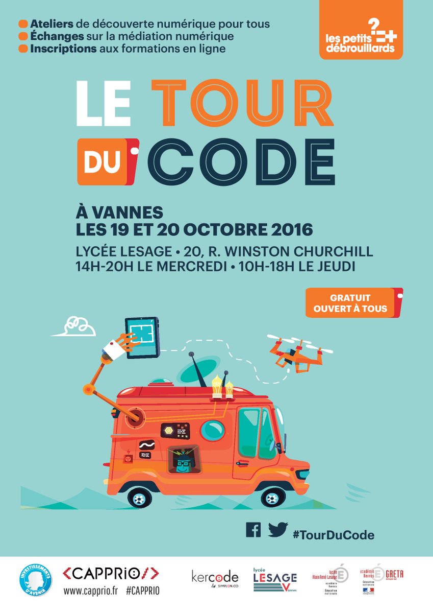 PetitsDebVannes's tweet image. Le Tour du code, c&apos;est mercredi et jeudi au Lycée Lesage à Vannes ! 
#CAPPRIO #Tourducode #numerique #edtech #MOOC #Vannes