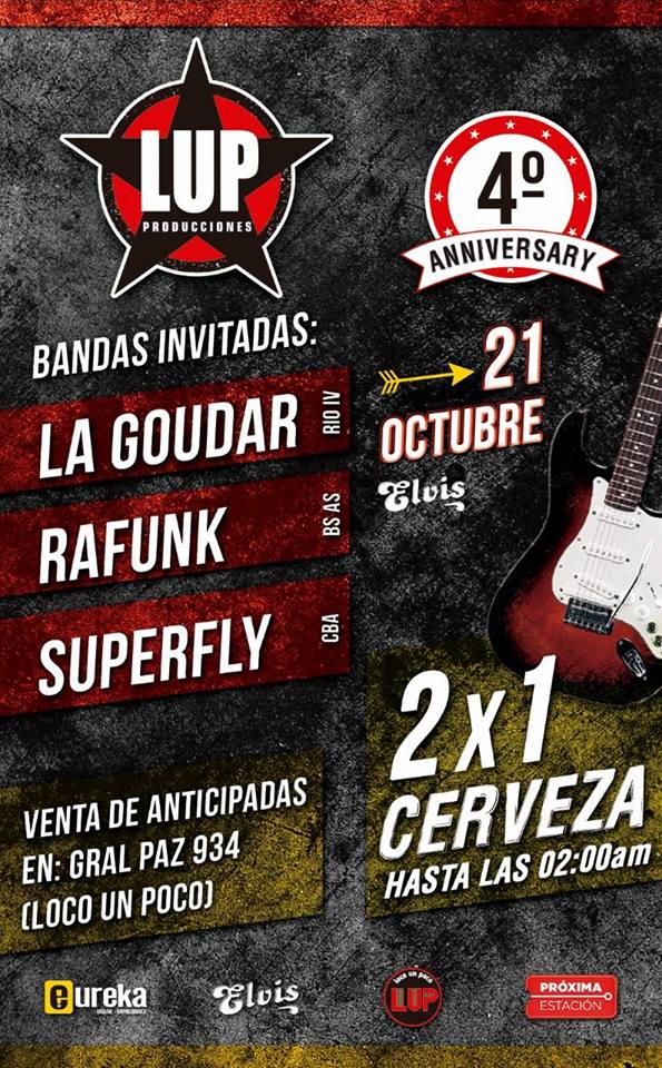 cordobagenda's tweet photo. 21/10 #4Aniversario de @locounpoco4 en @elvisriocuarto / #LaGoudar + @RafunkMusic + #SuperFly / #AgendaRio4 / https://t.co/xdBuQlTDxL