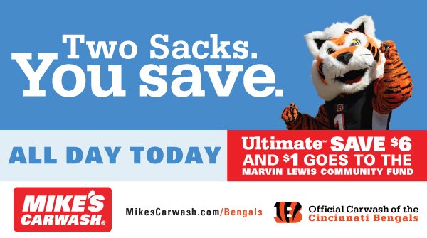 2 SACKS, FANS SAVE! Stop by @MikesCarwash today and save $6 on the Ultimate Wash - WHO DEY! https://t.co/Q6cjvO8gmA