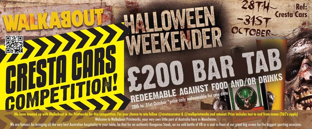 CrestaCarsMcr's tweet photo. #Halloween #Competition follow us &amp; @Walkprintworks and #RT to enter. Includes Taxi to &amp; from venue must live #Manchester area #ILoveMcr https://t.co/90mABs6b4i