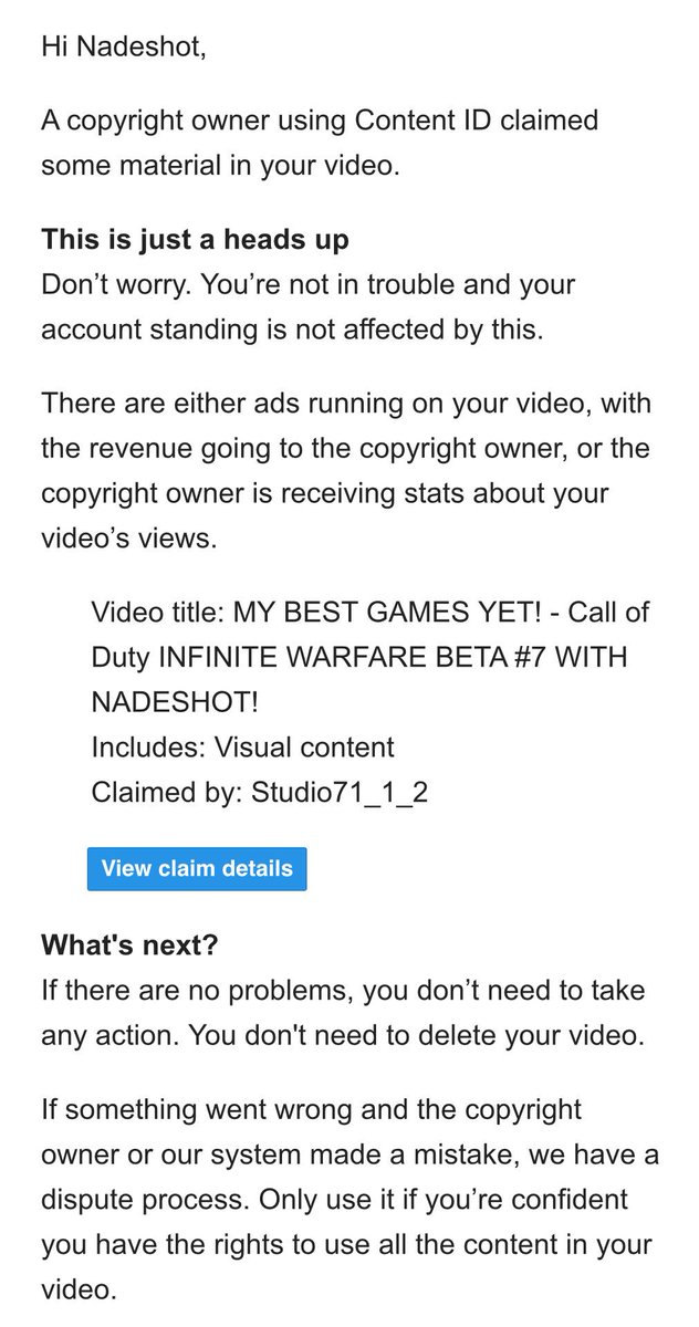 100t Nadeshot Youtube Network Named Studio71 Trying To Claim All Of My Infinite Warfare Beta Videos As Their Own Not Sure If Real Studio71 Or Not T Co Zhnccnrtkq