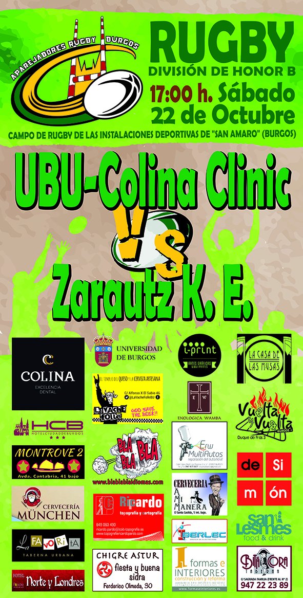RugbyAparejos's tweet photo. Aquí os dejamos el cartel del partidazo frente a @zarautzrugby 
Este sábado os esperamos en San Amaro.
#rugby #Burgos https://t.co/afT3NBP4bL