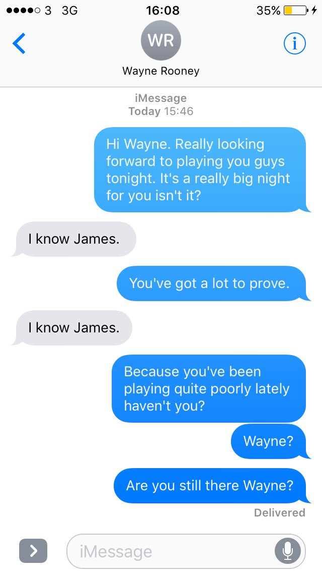 BoringMilner's tweet photo. Just text Wayne Rooney about tonight's match, but he must have lost signal. https://t.co/5mM9RsuWHc