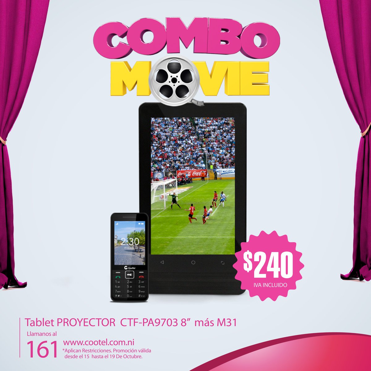 CooTelNi's tweet photo. Disfruta de la tablet con proyector integrado + celular M31 a solo $240 ¡Adquirí el #ComboMovie en cualquiera de nuestras sucursales! https://t.co/nBtxwhjuEF
