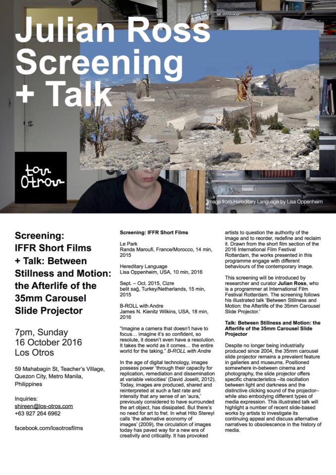 rossjulian's tweet photo. I will give a talk and present an #IFFR2016 screening at @LosOtrosFilms in Quezon city tomorrow (Sun 16 Oct 7pm) https://t.co/i5OK634gBj https://t.co/rHhKvGB4fO