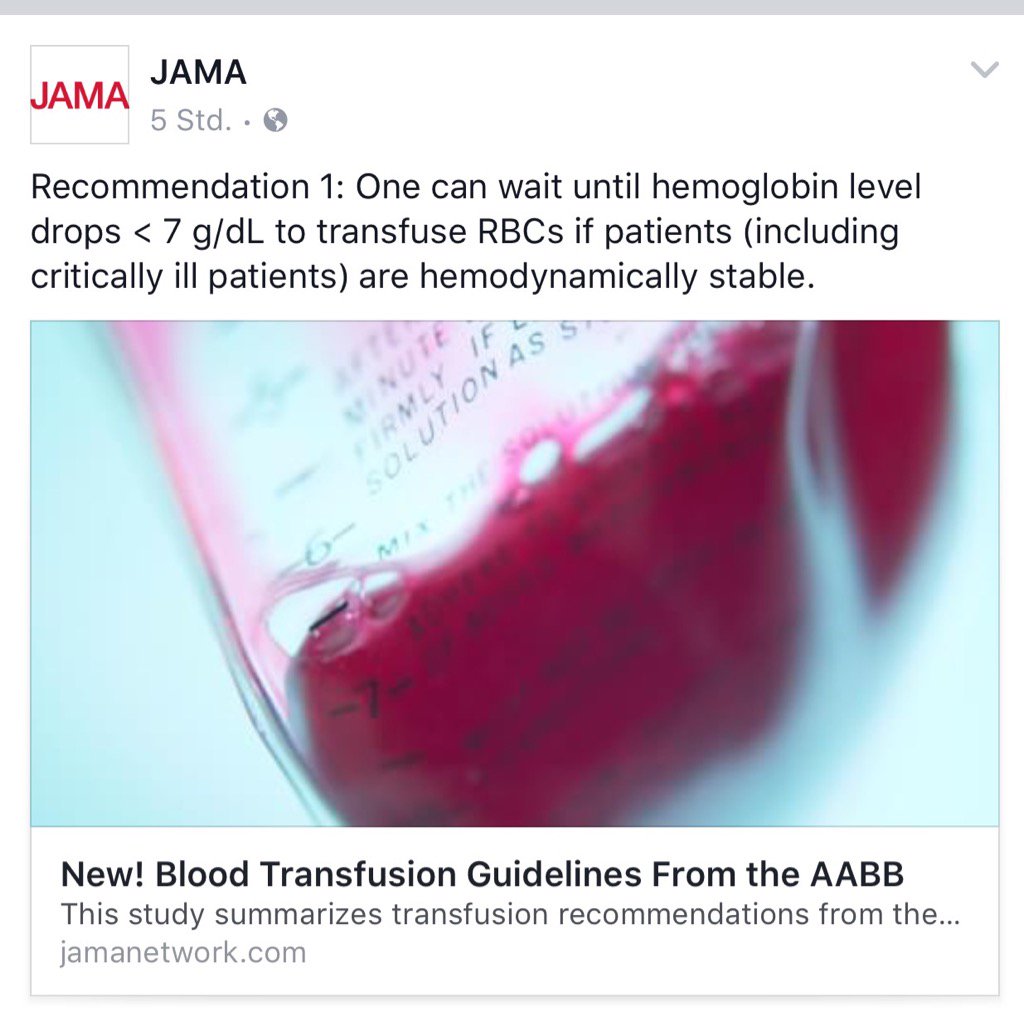 Very interesting! Blood Transfusions IF hb&lt;7 and patient stable <a href="/Uroweb/">European Association of Urology (EAU)</a> <a href="/MariaJRibal/">Maria J. Ribal</a> <a href="/alexmottrie/">Alex Mottrie</a> @bmr6d4 <a href="/UrowebESU/">European School of Urology (EAU ESU)</a>
