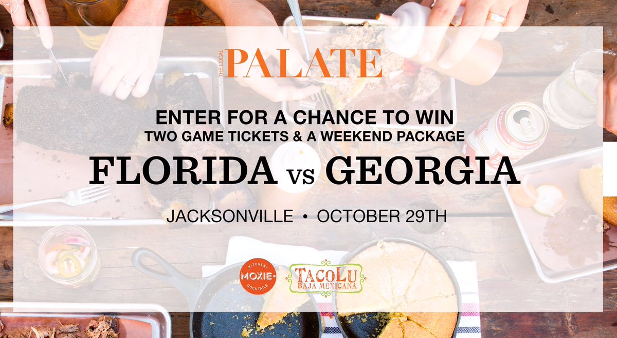 TheLocalPalate's tweet photo. FL-GA fans, enter TLP TAILGATE GIVEAWAY to win game tickets, 2 nights @JAX &amp; dinners! #DawgNation #GatorGrowl        https://t.co/yxCV5YXzeb https://t.co/rPcPqBDAiQ