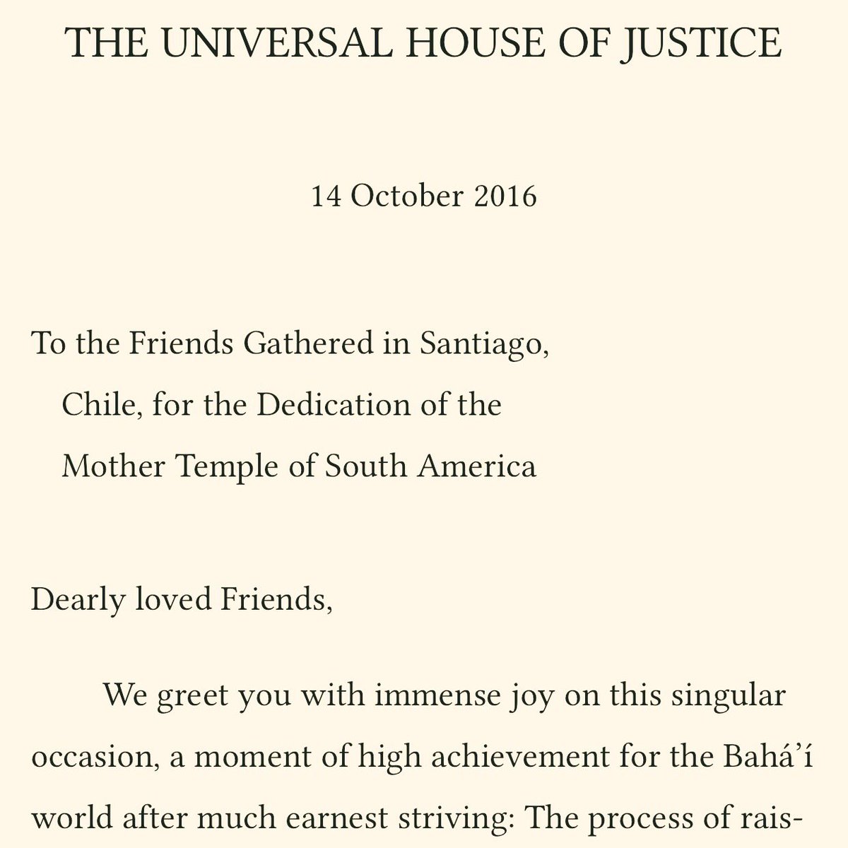 Bahais's tweet photo. New Message from UHJ to the friends gathered in Santiago, Chile https://t.co/qwNOehihFn https://t.co/3KvC80eAm6