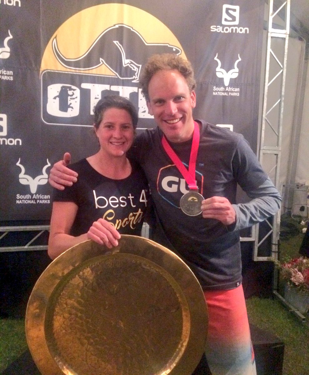 mrdaverobbo's tweet photo. Comparing bling with @ottertrailrun #RETTO2016 Champions #MarcLauenstein &amp; @robynkime! #legends #grailoftrail @Salomon_SA @SalomonRunning https://t.co/FRGx9rJUcX