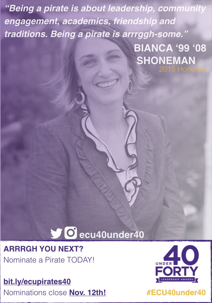 #ECU40under40 c/o 2015 Bianca Shoneman is from <a href="/ECUHealthSci/">Sarah Health</a>. Who's next? Nominate a Pirate Today bit.ly/ecupirates40 Ends Nov. 12