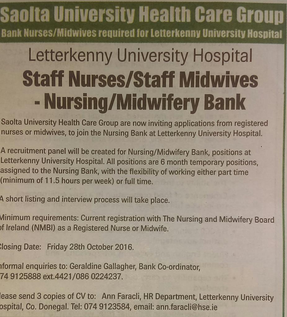 Great opportunity to join Letterkenny Nursing team. Closing date 28th October <a href="/HSE_HR/">HSE HR</a> <a href="/saolta/">Saolta</a> @Saoltajobs <a href="/2011anne/">Anne_2011</a> <a href="/ClareLogue1/">Clare Logue McAleer</a>