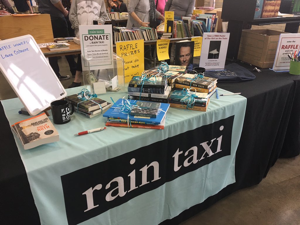 throwbackbooks's tweet image. Be sure to enter the raffle for great prizes at the @RainTaxiReview booth by the front entrance #TCBF16
