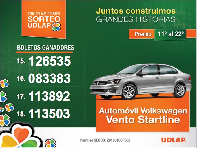 SorteoUDLAP's tweet photo. ¡Felicidades a los afortunados ganadores de un VW Vento Startline! https://t.co/TqTzSRf28b