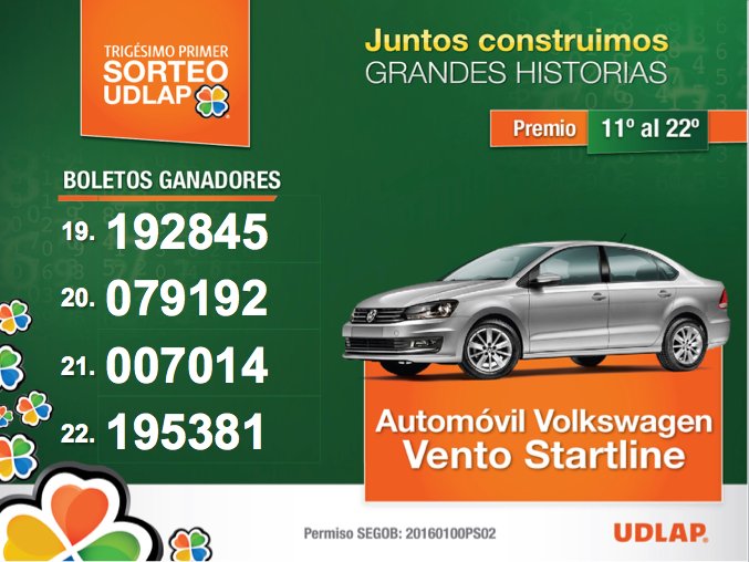 SorteoUDLAP's tweet photo. ¡Felicidades a los afortunados ganadores de un VW Vento Startline! https://t.co/TqTzSRf28b