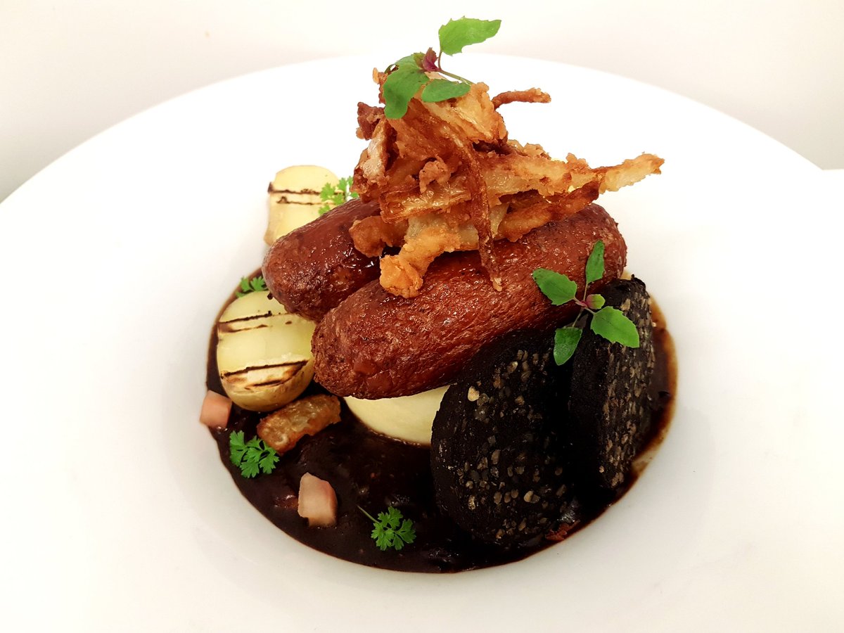 Sea salt and cracked pepper pork sausages, stout pudding <a href="/ConynghamArms/">Conyngham Arms Hotel</a> <a href="/TheWholeHoggs/">The Whole Hoggs</a> <a href="/chefnoelk/">ChefNoelK</a> <a href="/LeSousChef/">lechef</a>