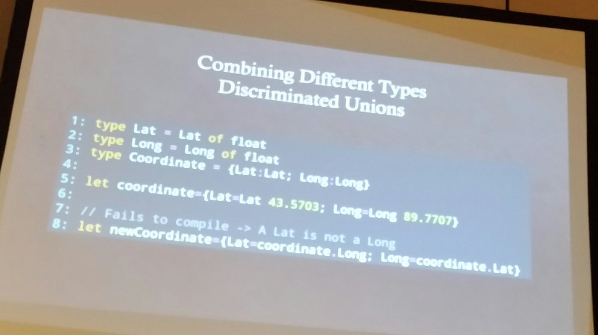 BradleySCollins's tweet photo. .@pcameronpresley makes illegal states unrepresentable with single-case enums #fsharp #devspace16 https://t.co/ytljH0rq65
